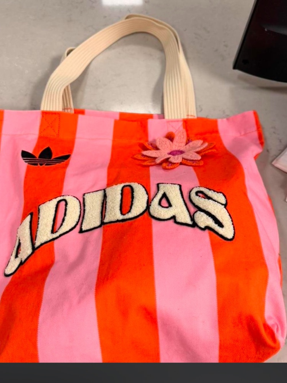 adidas Pink and Orange Striped Tote with Floral Patch